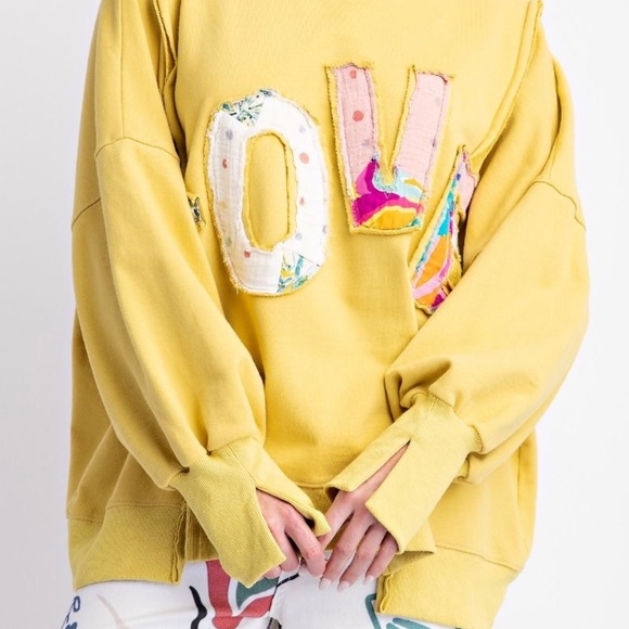 New Easel LOVE Pullover Oversized Sweatshirt Knit Patches Plus Size Top Mustard - Picture 4 of 6